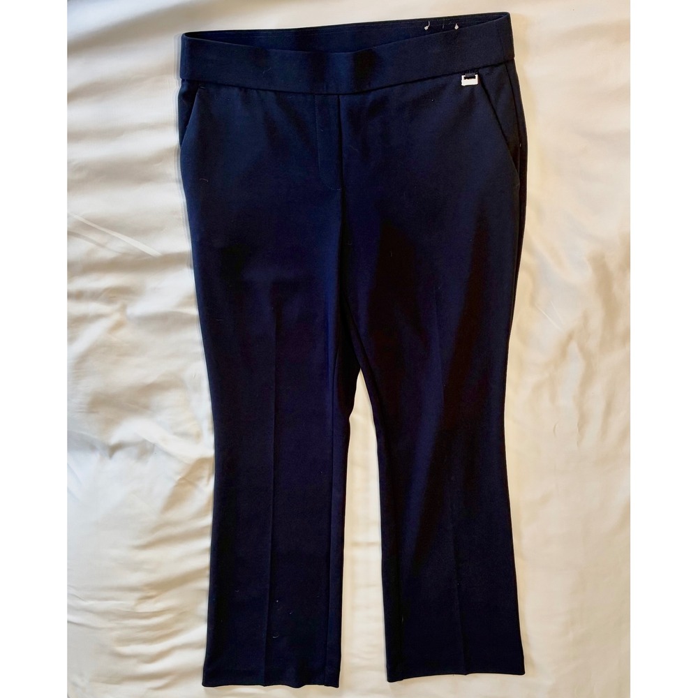 Anne Klein Navy Blue Pull On Dress Pants Women Medium Straight Leg Gold Logo
